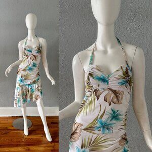 Vintage 90s White Tropical Halter Y2K Asymmetrical Dress M